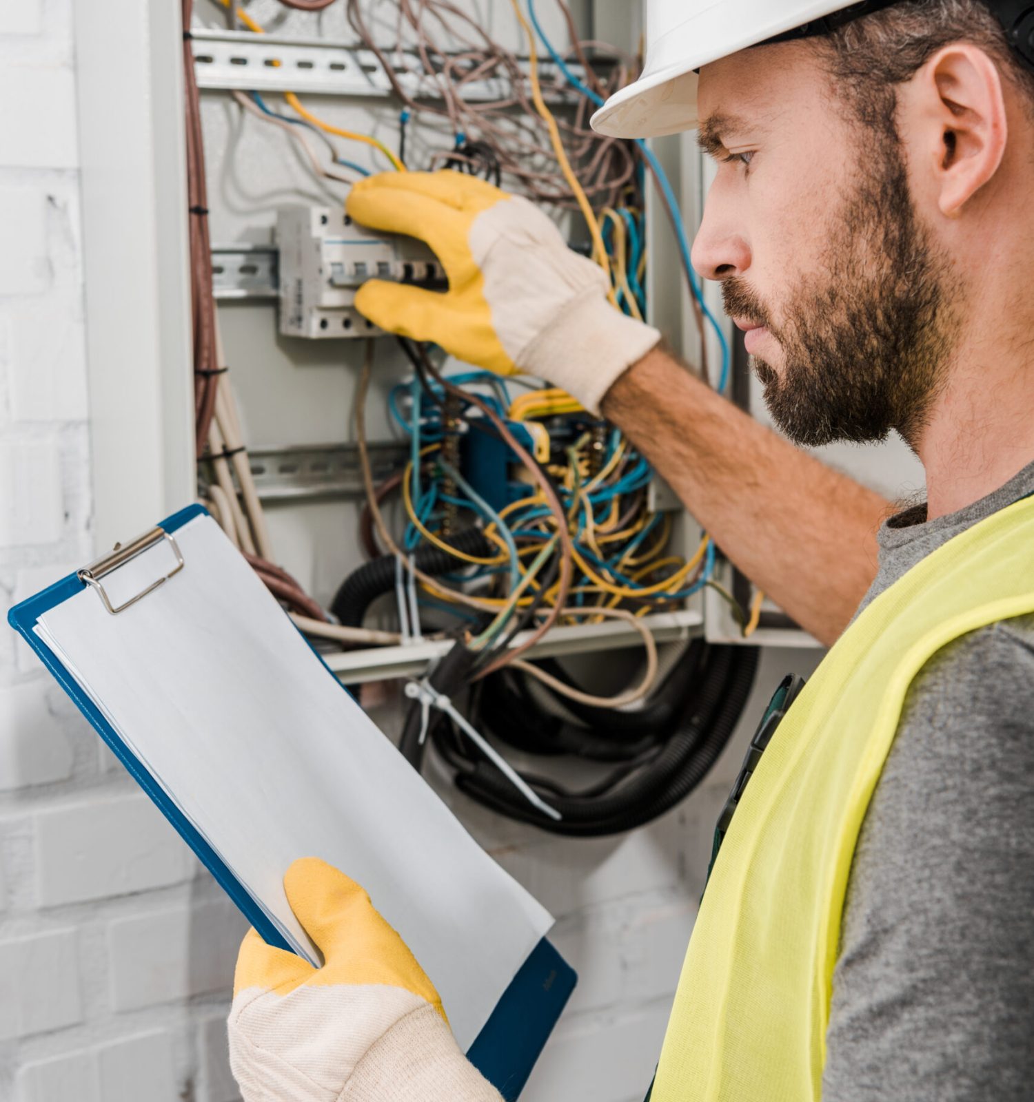 handsome electrician holding clipboard and checking electrical panel in corridor