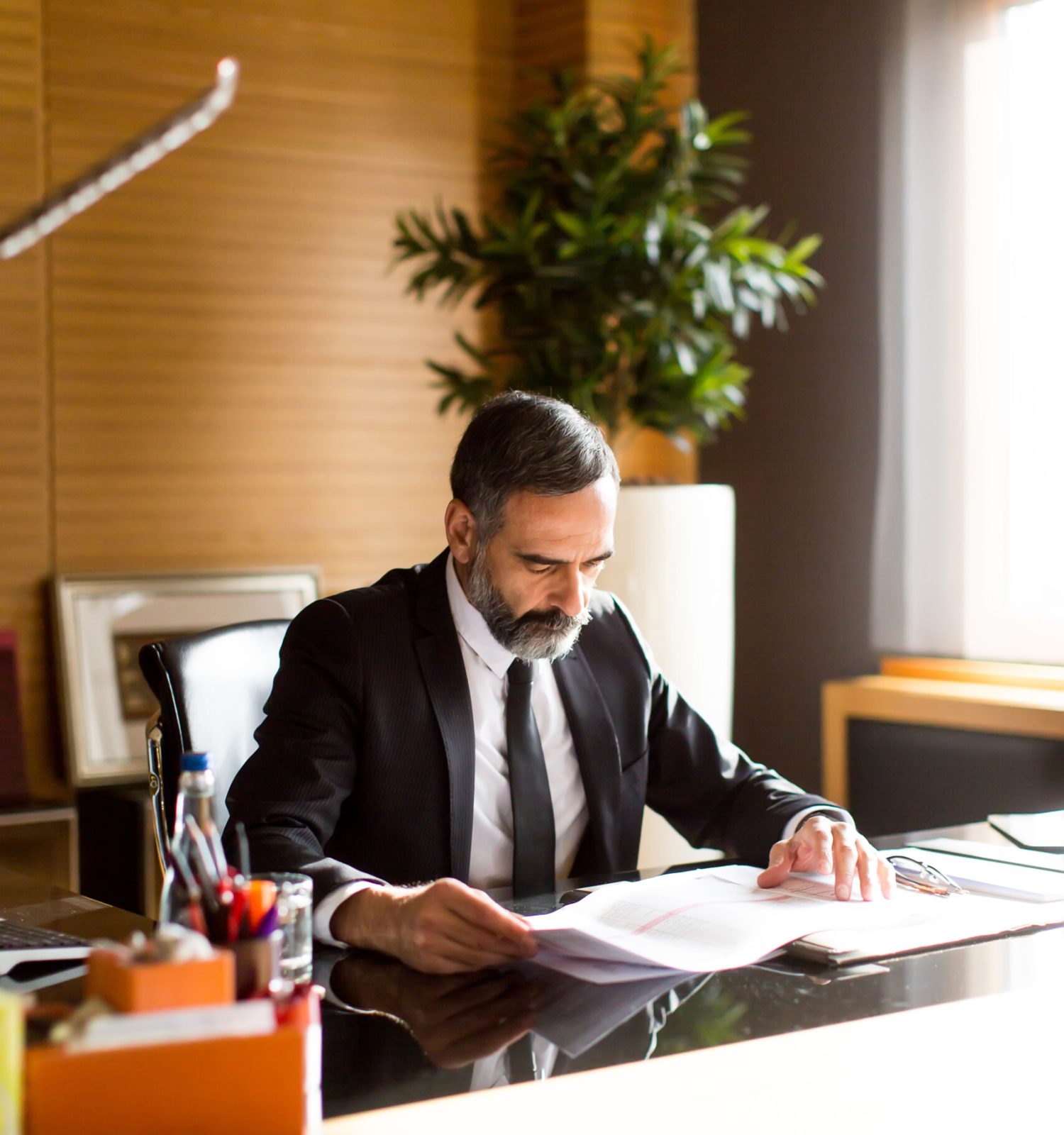 Senior businessman working on laptop in modern office at desk